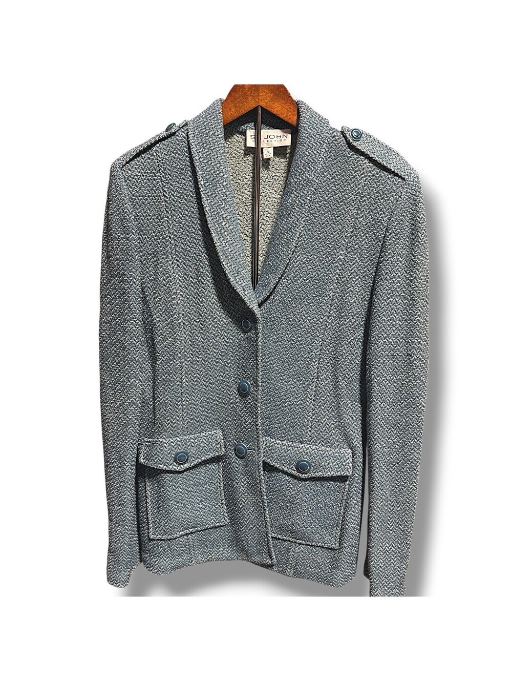 Vintage St John Collection Tweed Knit Blazer Womens 12 Blue Teal Sparkle USA